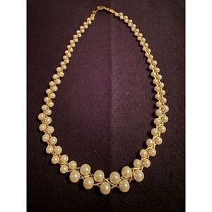 Vintage Faux Pearl Graduated Collar Necklace Gold Tone Braided Chain Bridal Bib